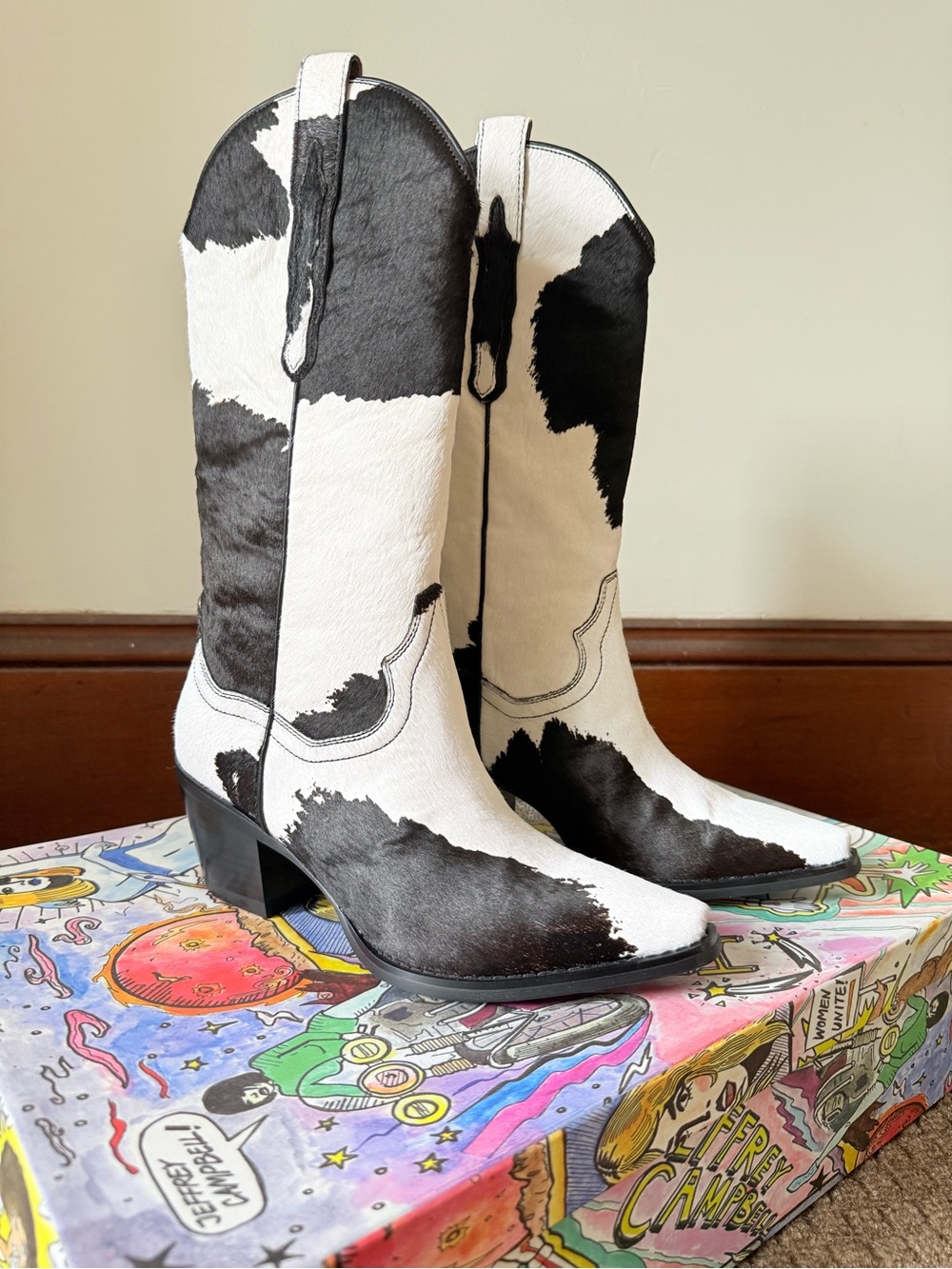 Jeffrey Campbell Black and White Cowhide Western Boots